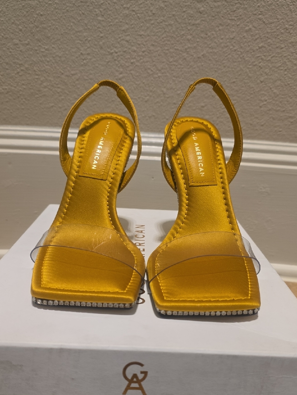 Good American Mustard Satin Slingback Heels with Clear Strap